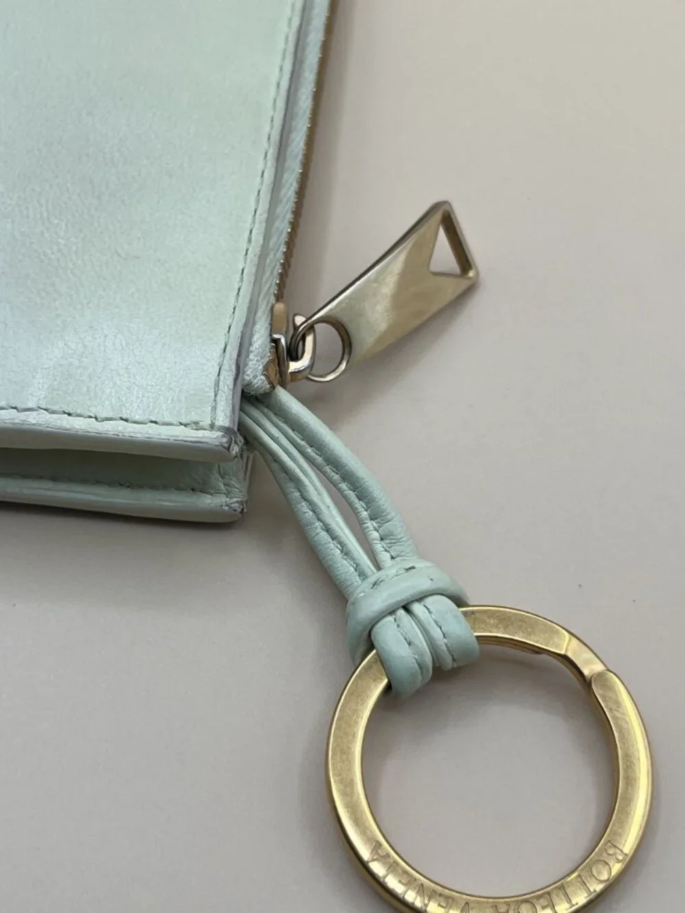 Bottega Veneta Intrecciato Zip Card Case Mint Green Woven Leather Key Ring Coin